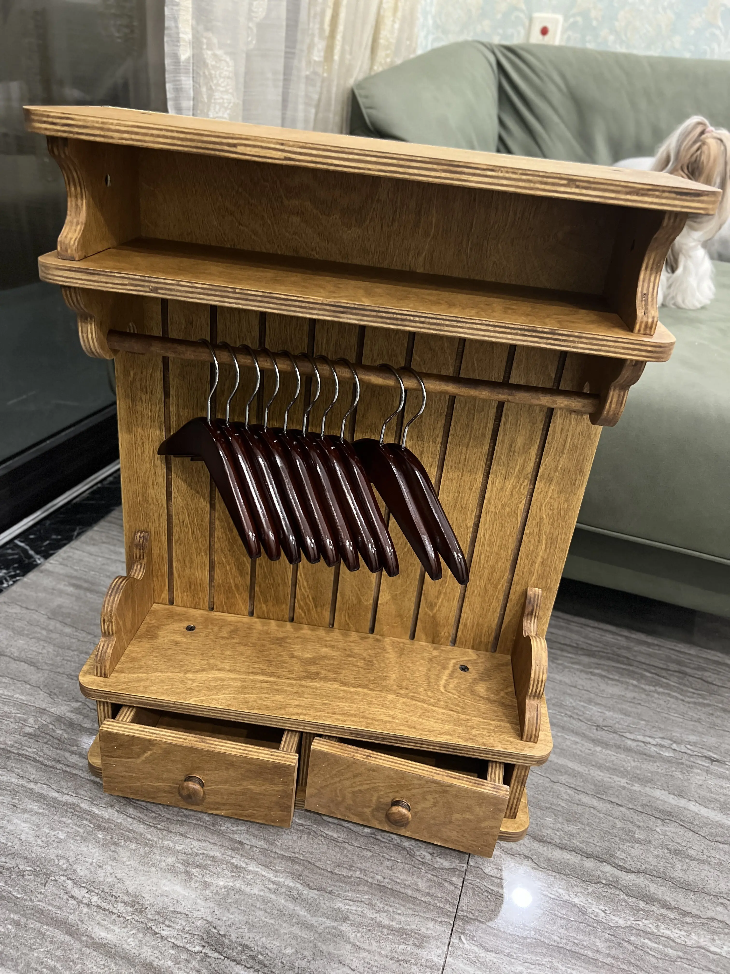 wooden pet clothes organizer in a customer's home - Vintage Wooden Pet Wardrobe Shelf with Drawers